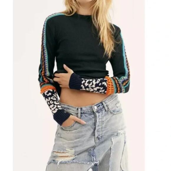 Free People Sweaters - Free People Switch It Up Thermal Top M Black Waffle Hippie Crochet Warm Cozy
